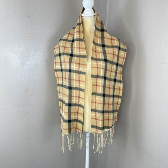 Plaid Cashmere Beige Fringe Scarf 58” x 10” Inches - Picture 2 of 7